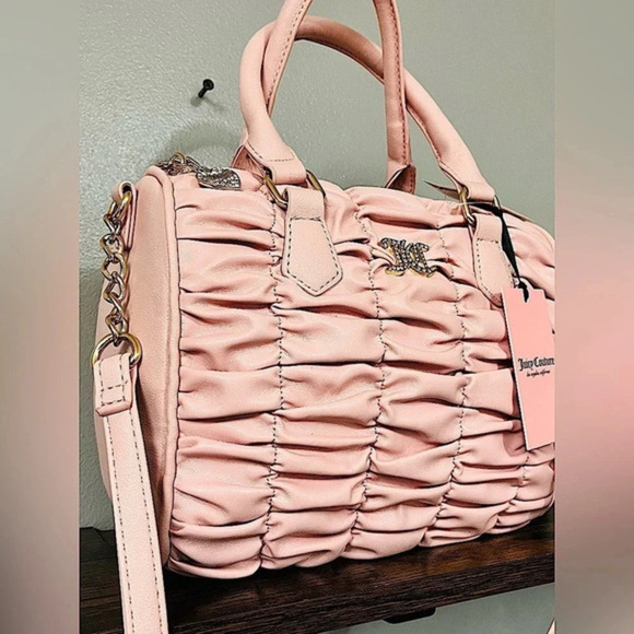 Juicy Couture Handbags - Juicy Couture Pink Run The World Satchel Ruched Faux Leather Gold Hardware NWT